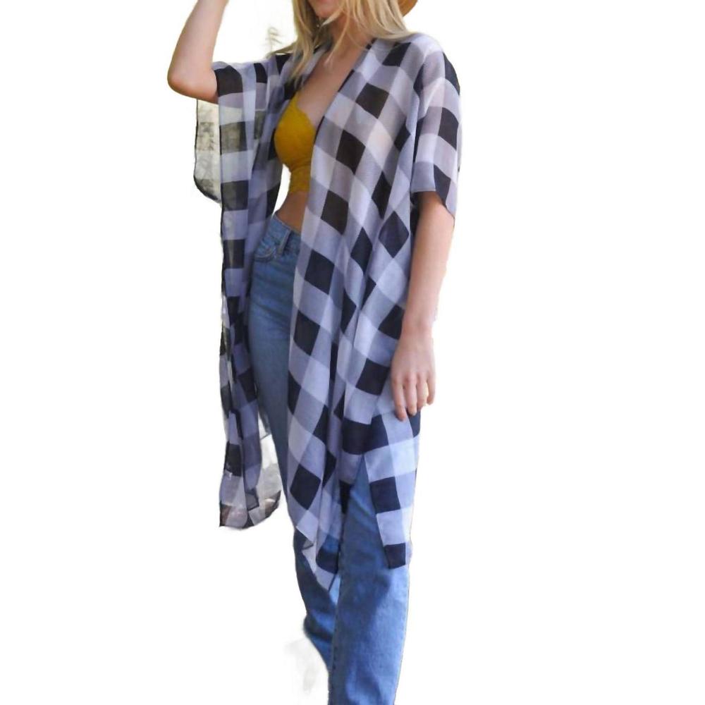 NEW LETO lightweight buffalo check kimono in black & white
